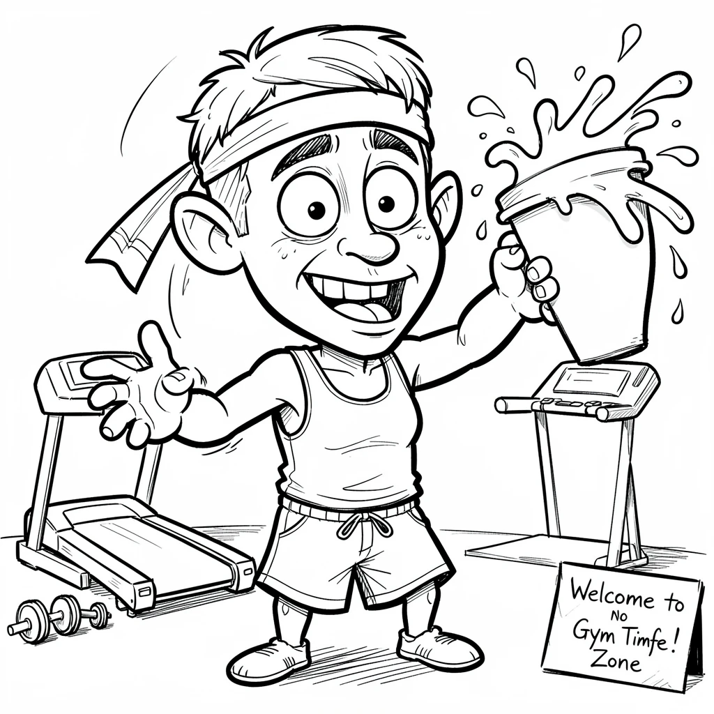 [Funny & Exaggerated Situations] Comical scene of a sheepish new gym member spilling coffee everywhere, exaggerated for maximum laughs