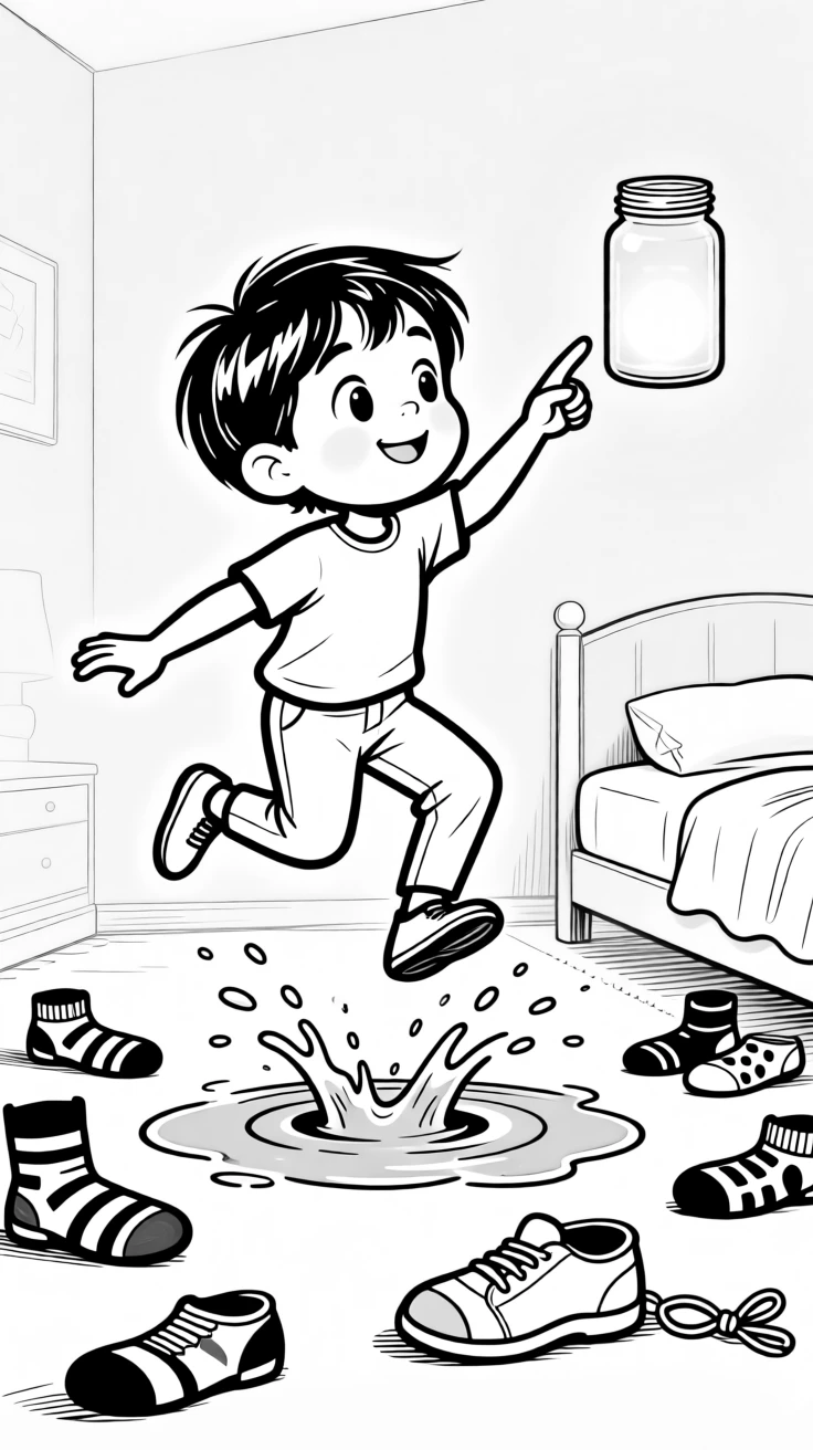 A child mid-leap into a puddle with both feet, reaching a tentative finger toward the glowing jar, set in a bedroom scattered with mismatched socks. A shoelace trails untied and forgotten. There's an innocent, giggly charm to the whole moment.