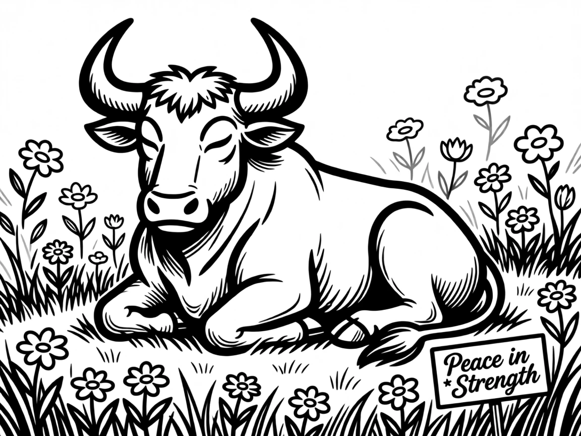 A Taurus archetype: a powerful bull resting peacefully in a lush flower-covered meadow.