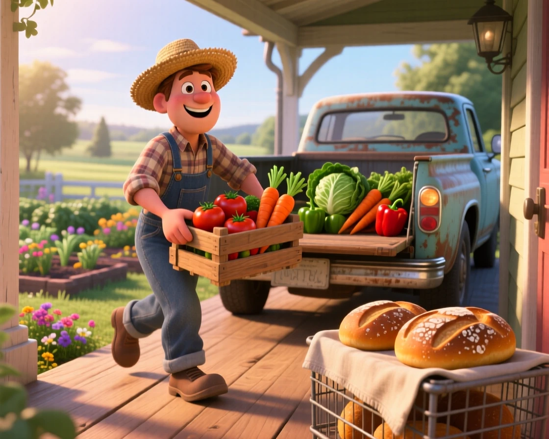 A farmer loading a truck with fresh vegetables is captured on a porch overlooking a quiet garden, with fresh bread cooling on a nearby rack. The atmosphere feels cozy, human, and full of small joys.