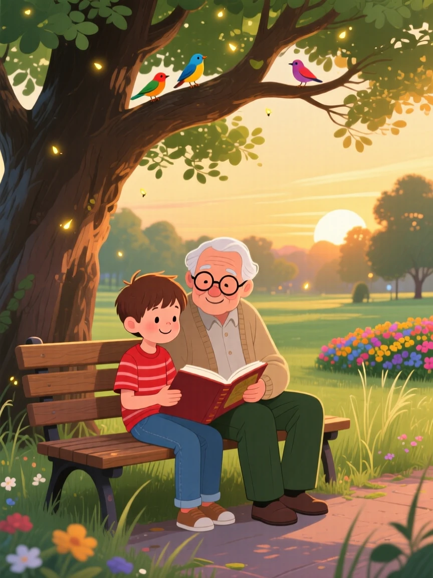 A boy and his grandfather share a tender moment reading together on a park bench in a park bench under an old oak tree, while a warm glow of evening light surrounds them.