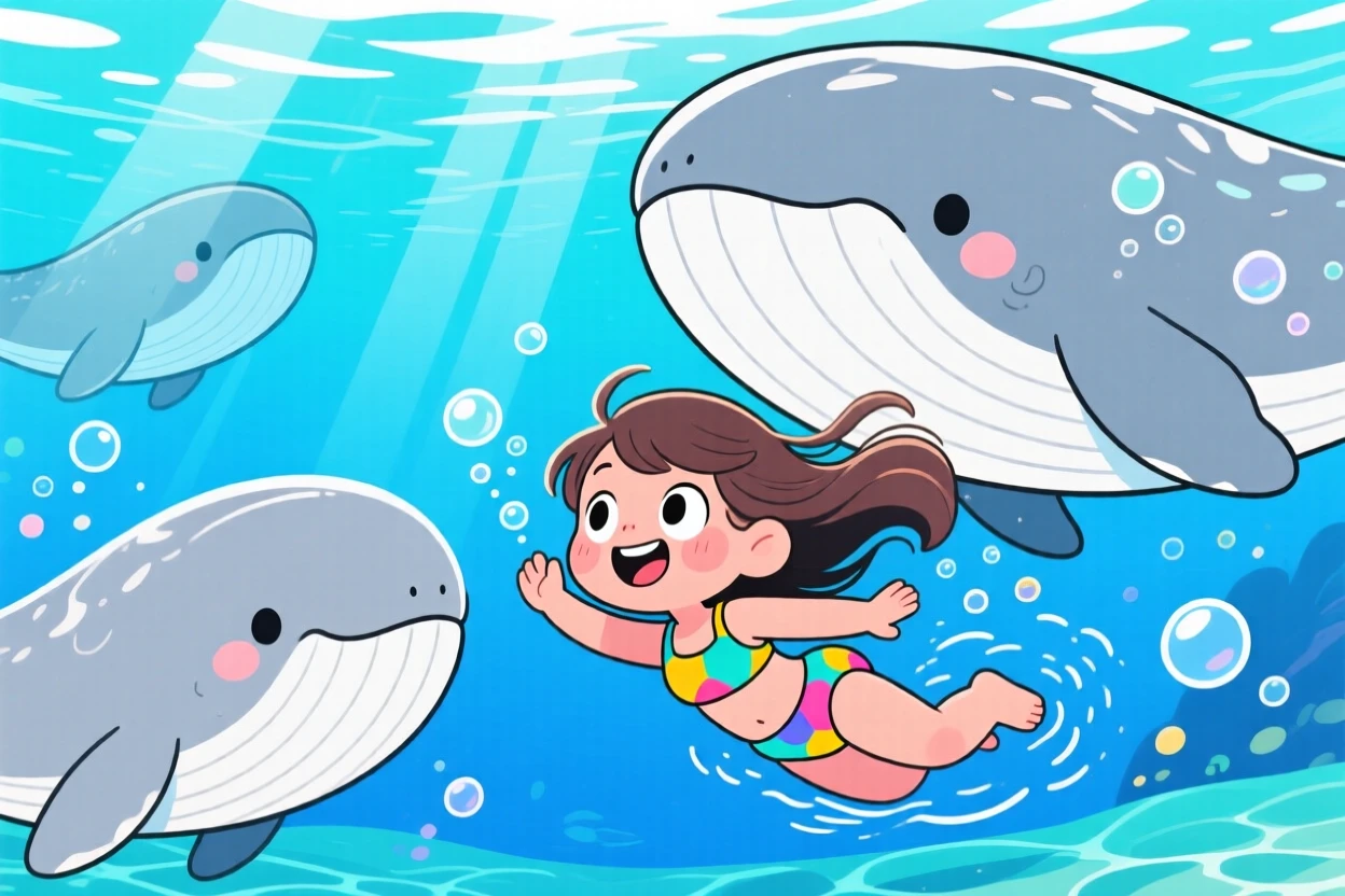 A girl imagining herself swimming alongside gentle giant whales.