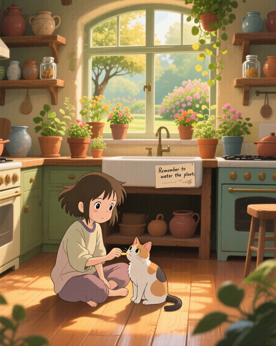 A girl feeding a cat on a warm kitchen floor, potted plants lining the windowsill, the whole scene feeling gently nostalgic.