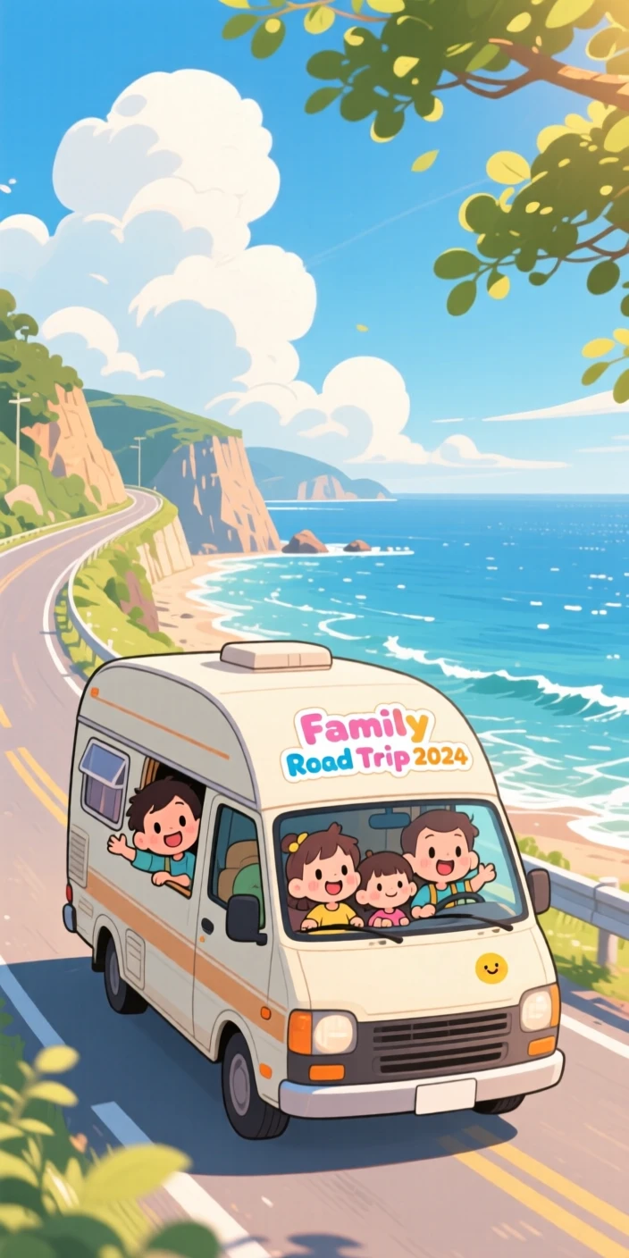 A family packed into a camper van on a road trip, framed as a three-quarter view within a scenic coastal highway, beneath fluffy drifting clouds, glowing under warm morning light filtering through leaves, evoking eager anticipation.
