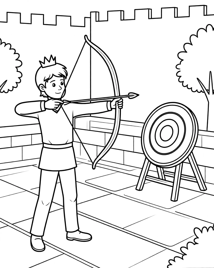 A young prince learning archery in a castle courtyard