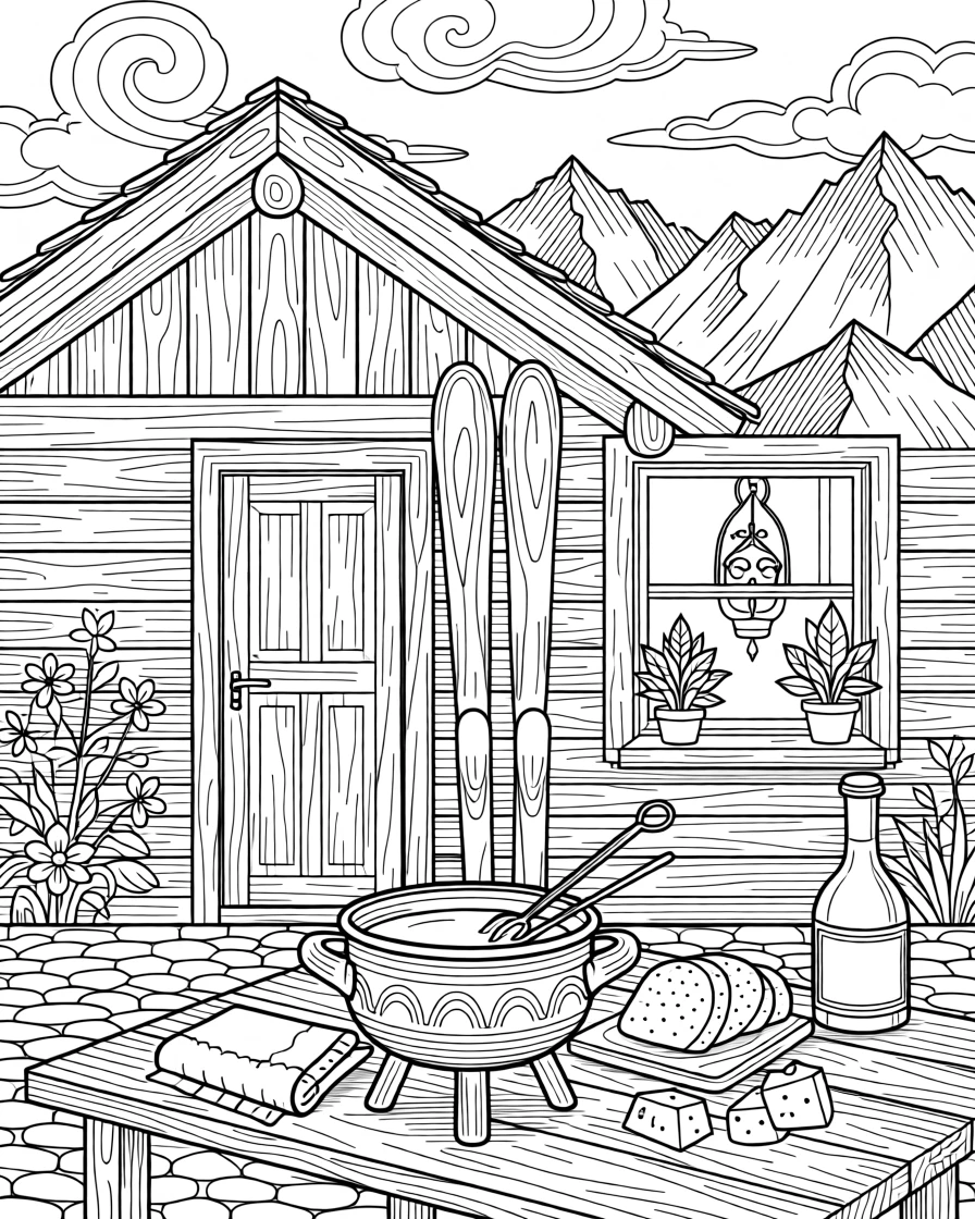 A rustic cheese fondue chalet scene with skis propped by the door.