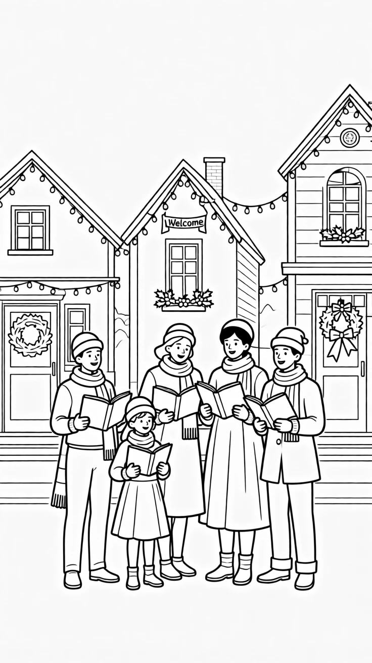 A group of carolers singing outside decorated homes