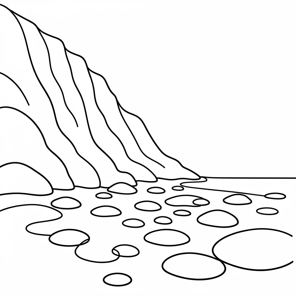 A rocky beach scattered with smooth stones beneath steep cliffs