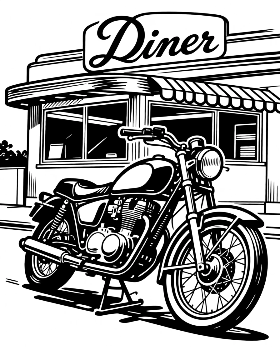 A vintage motorcycle leaning on its stand outside a roadside diner.