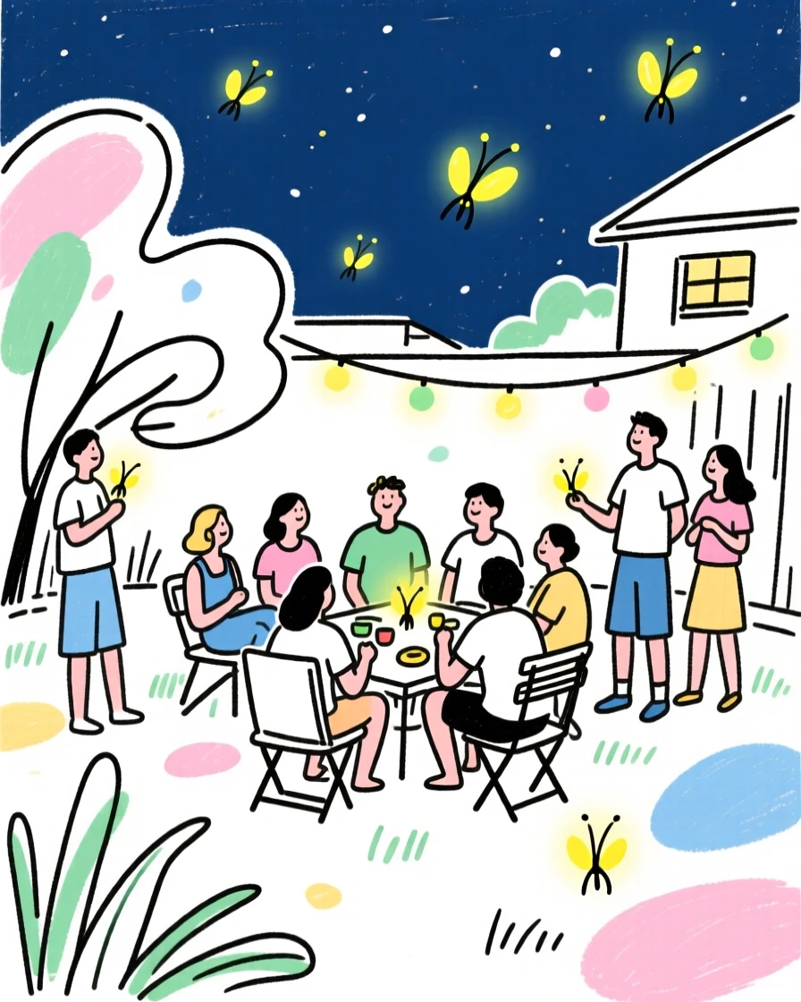 A summer night scene with fireflies glowing over a backyard gathering.