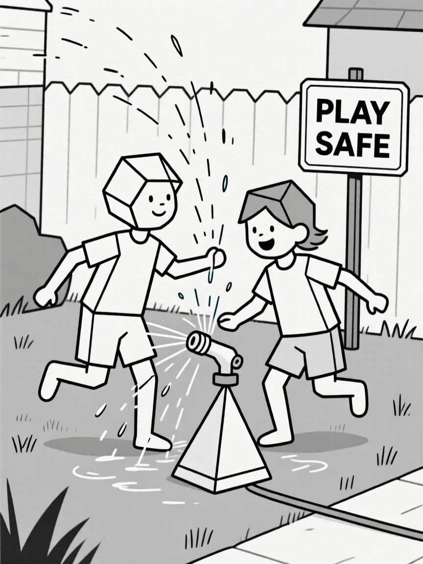 Siblings playing together in a backyard sprinkler