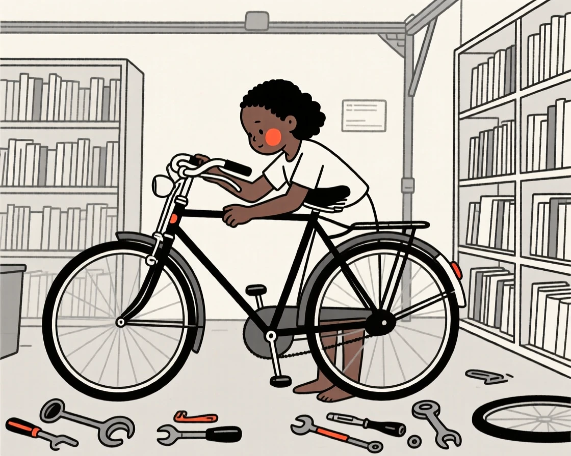 A young girl of Kenyan heritage restoring an old bicycle in a garage, in a quiet library.