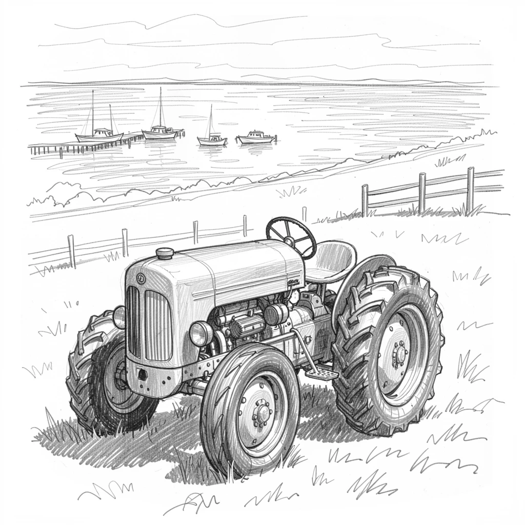 A restored vintage tractor in a farm field, beside a sparkling harbor, with the ocean stretching out beyond.