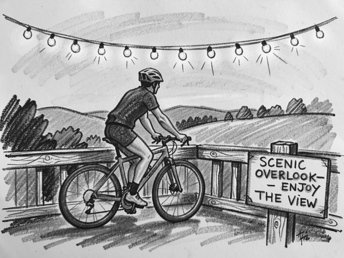 A cyclist pausing to admire a scenic overlook, under the warm glow of string lights.