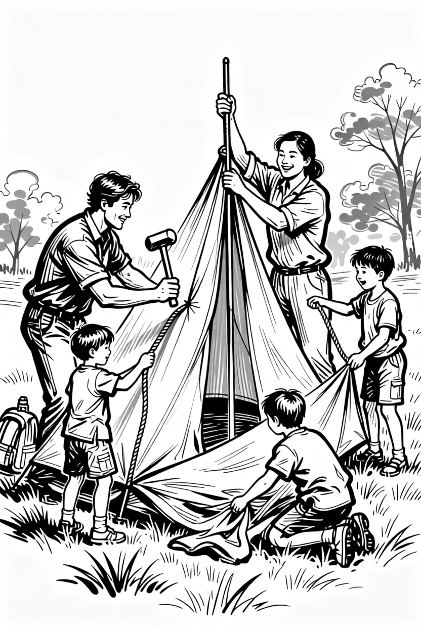 A family setting up a tent together on a weekend camping trip.