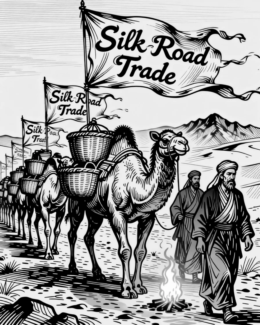 A caravan crossing the silk road under banners fluttering in the wind, with the glow of firelight on weathered faces, portrayed in a deeply rooted in tradition historical scene.