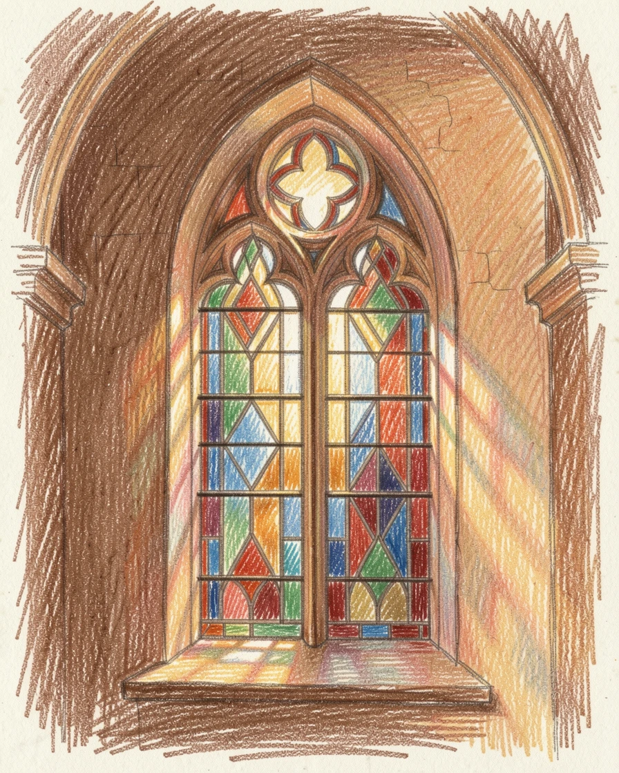 A quiet chapel window glowing with stained glass light, with soft, natural light bringing warmth to every detail, full of charm, emotion, and visual delight.