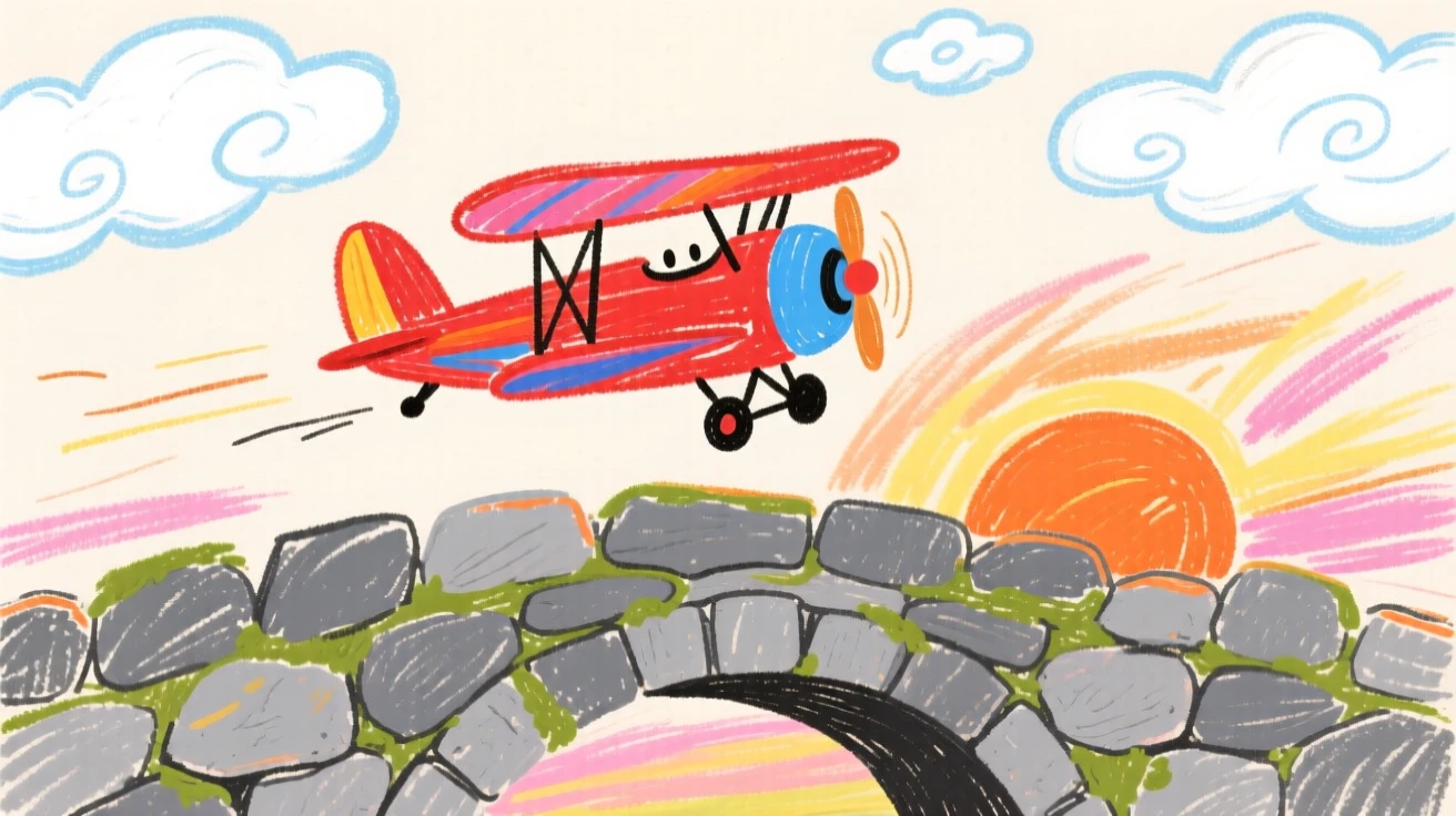A biplane crossing an old stone bridge at sunrise.