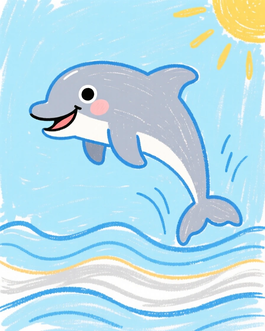 A friendly dolphin leaping over gentle waves.