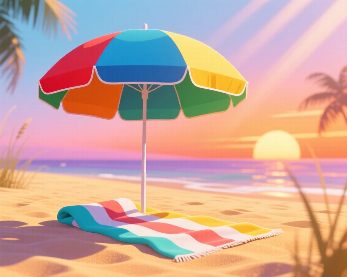 A colorful beach umbrella and towel on golden summer sand, set against a soft glowing seasonal sunset, framed with natural light suited to the time of year, with a fresh, crisp atmosphere throughout.