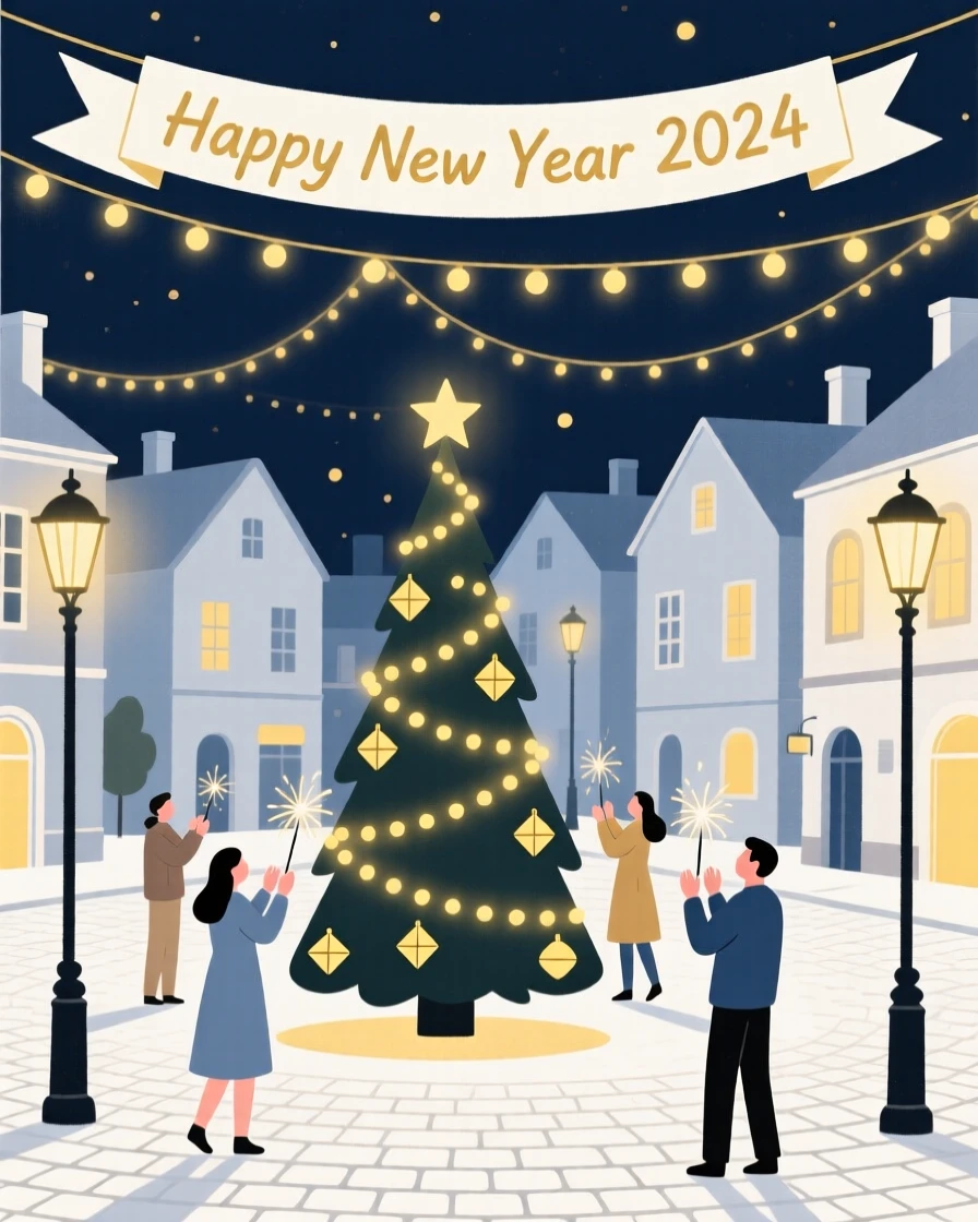 A New Year celebration with glowing lights filling a small town square.