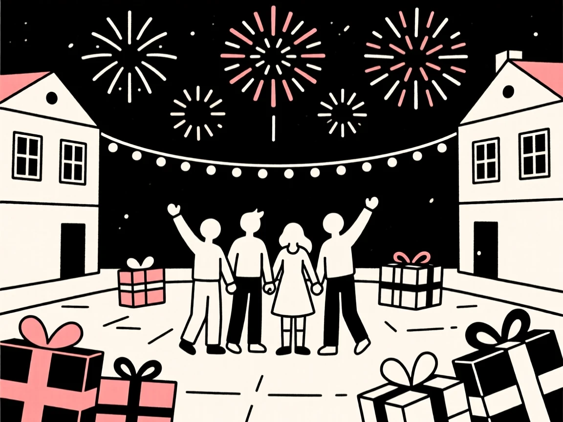 Friends gathered for a fireworks display in a festively lit town square, surrounded by ribbon-wrapped gifts, radiating joyful celebration.