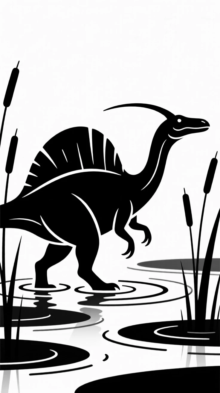 A Spinosaurus wading through a swamp.