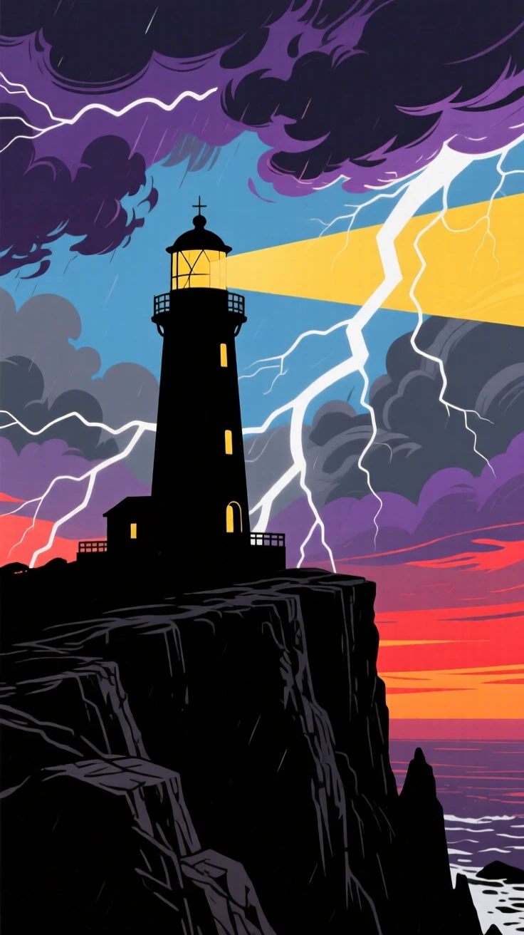 A cliffside lighthouse standing firm against a dramatic incoming storm.