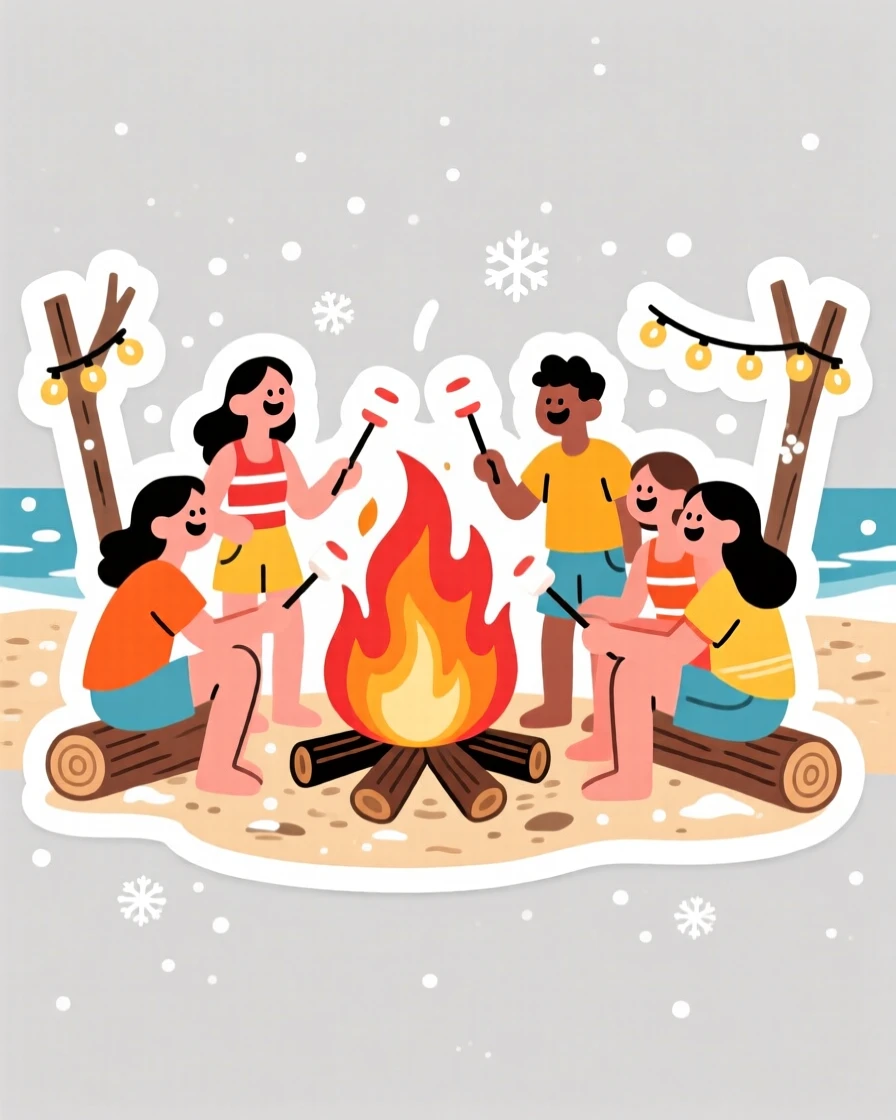 A cheerfully decorated summer beach bonfire with friends roasting marshmallows, with a light dusting of glittering snow, during a beloved yearly tradition.