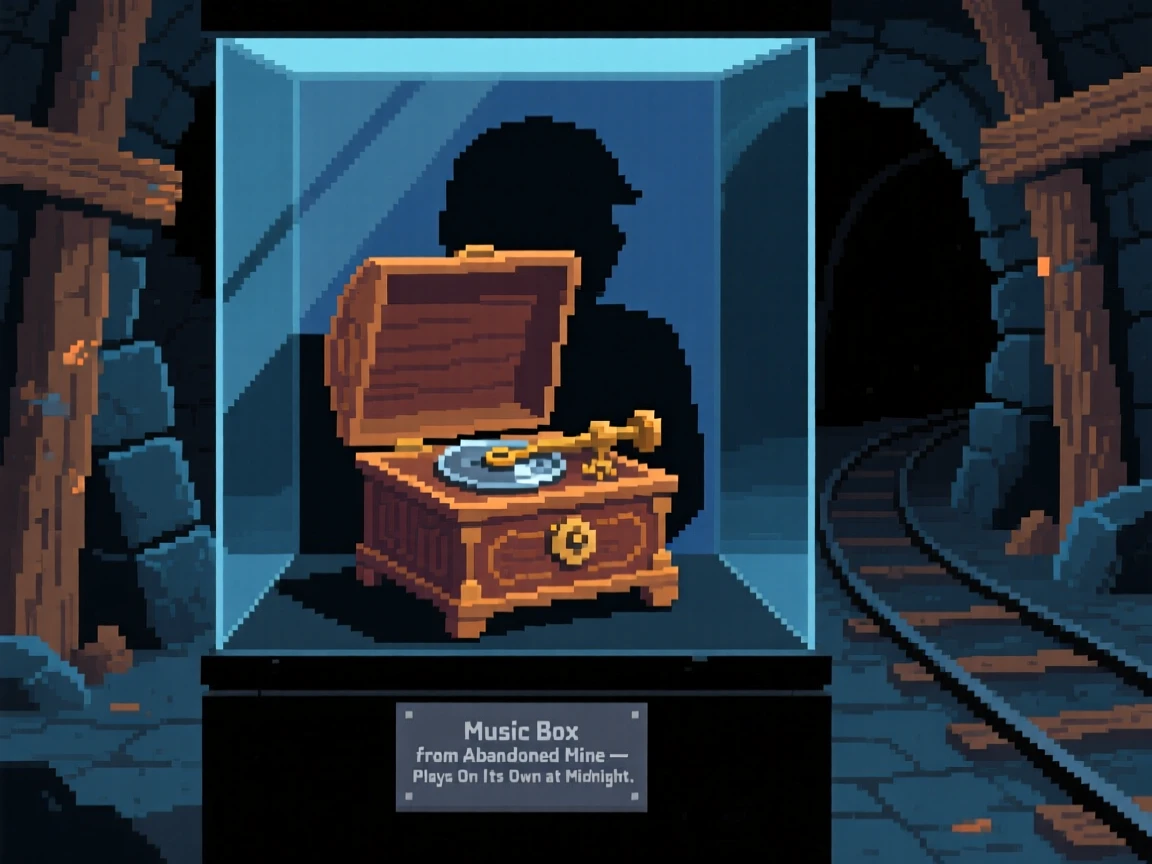 A music box that plays on its own found deep within an abandoned mine, in a museum display at midnight.