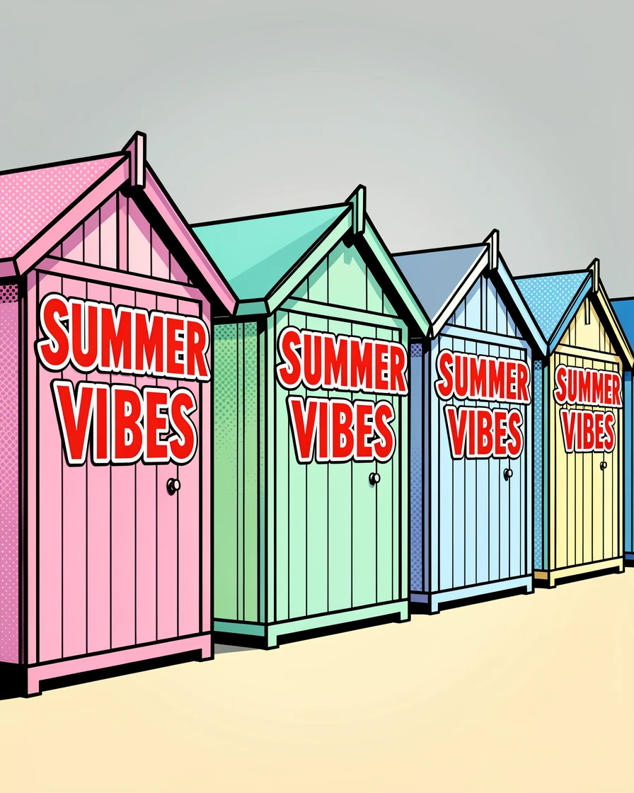 A row of beach huts painted in clear soft colors