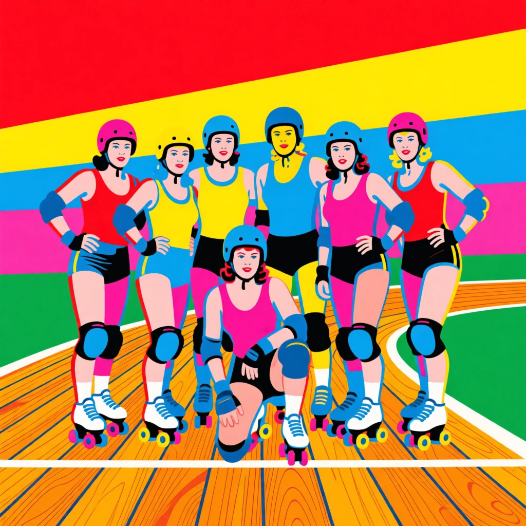 Retro roller derby team on a wooden track