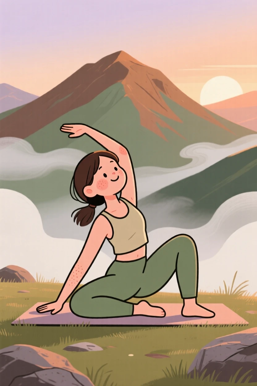A young woman practices gentle yoga stretches on a mountaintop clearing at first light, breathing slowly as gentle waves surrounds them.