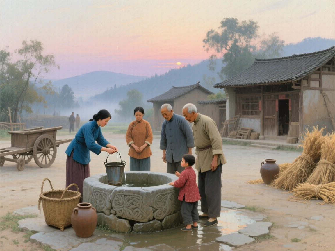 A wide establishing shot of villagers gathered at a well drawing water at first light, in rural China, in the 1930s.