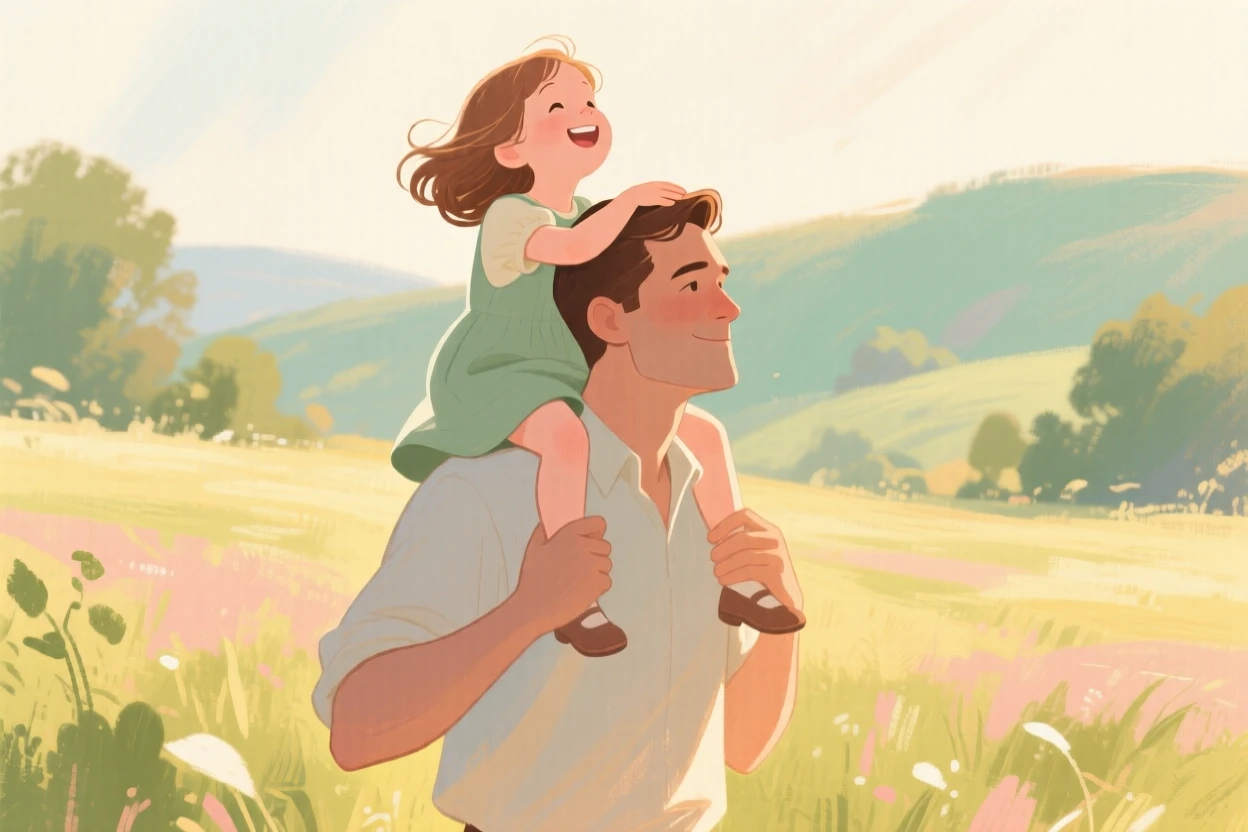 A father carrying his daughter on his shoulders through a summer field