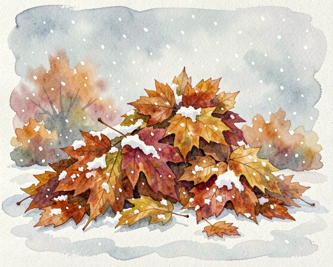 A cozy autumn scene with piles of raked leaves with soft snow gently falling.