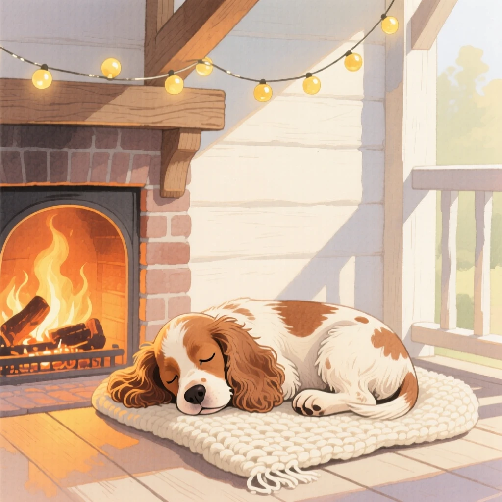 A cocker spaniel puppy dozes beside a warm hearth in a sunlit cottage porch, with a string of fairy lights glowing above