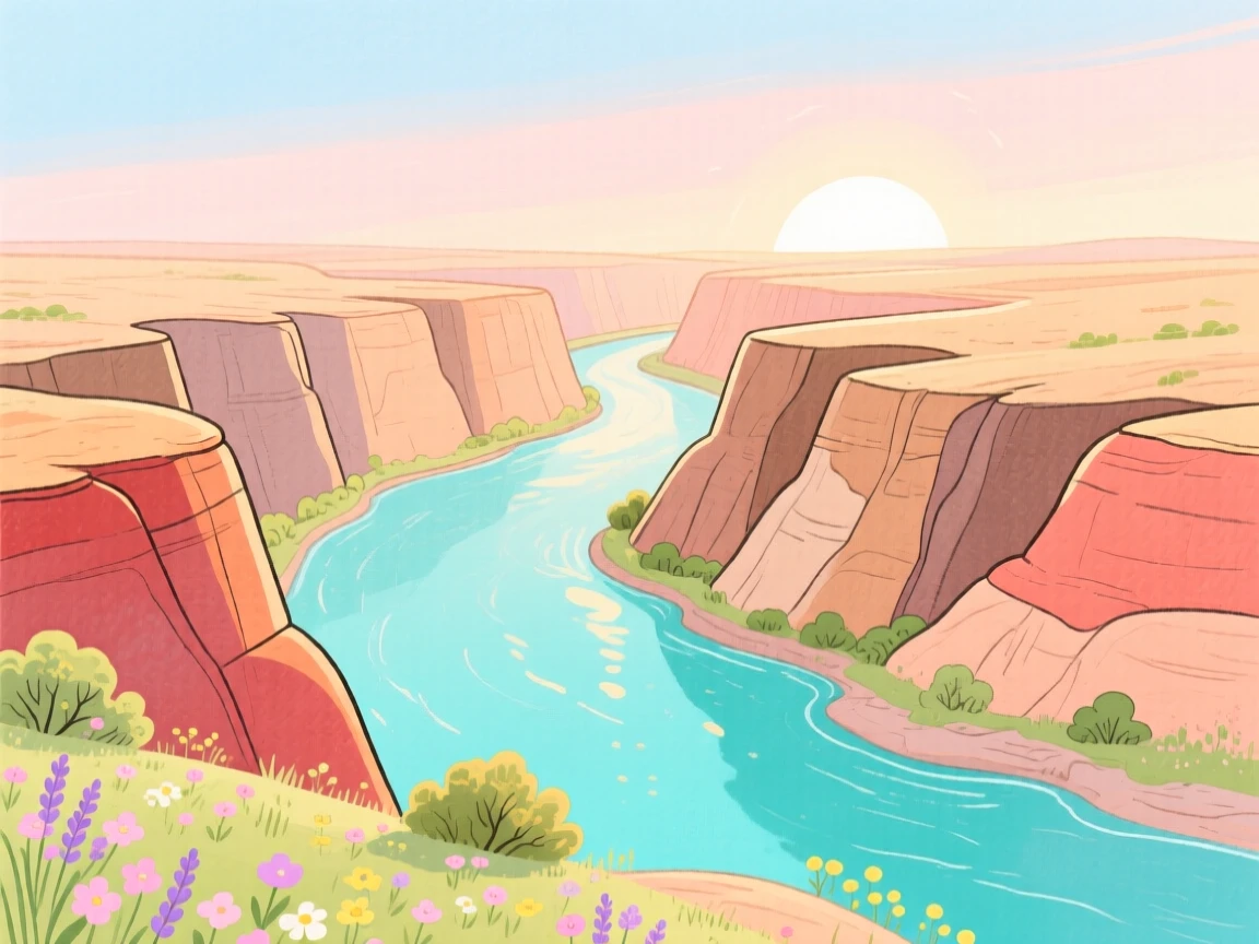 A canyon carved by an ancient river, peaceful and vast, at first light in spring.