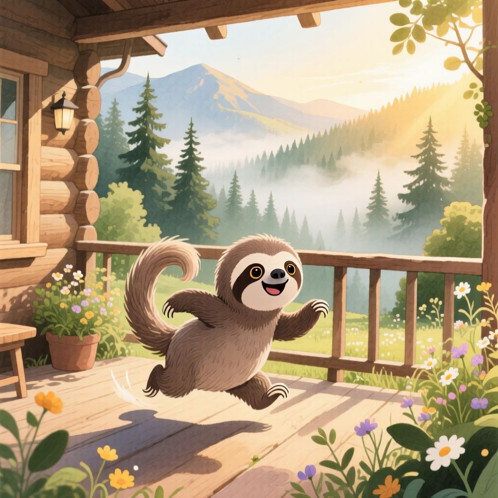 A baby sloth chasing its own tail in a sunny backyard, set in a mountain cabin porch overlooking misty pines, showing unconditional love and loyalty.