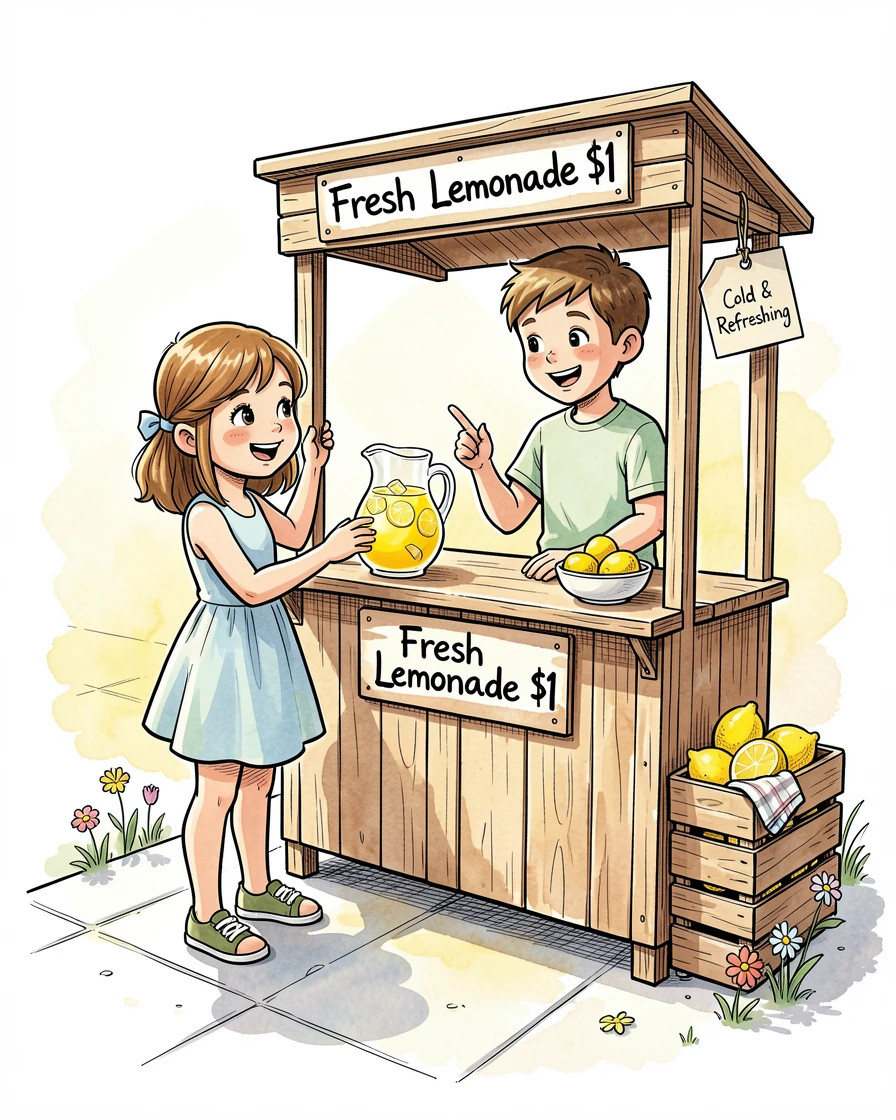 A summer lemonade stand run by two children on a sunny sidewalk, small decorative details adding charm throughout.