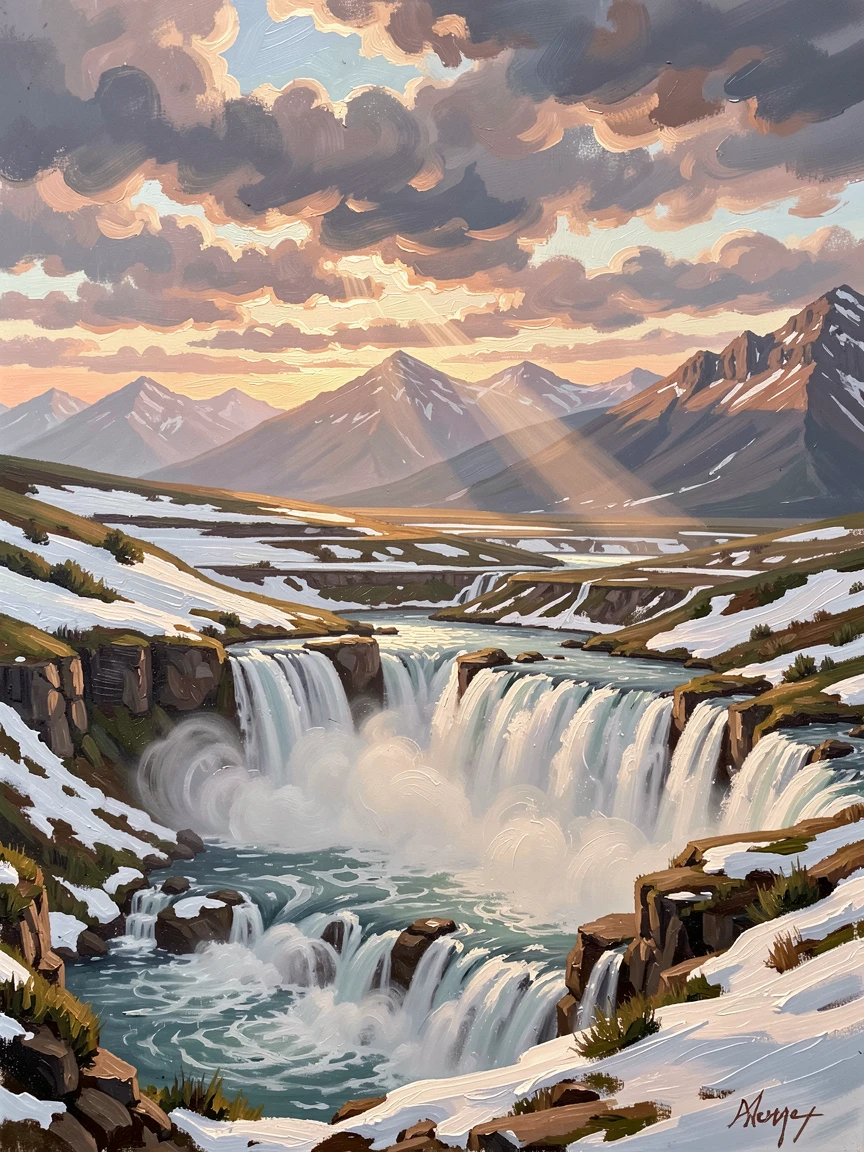 Beside a thundering waterfall fed by melting snow, terraced foothills rising toward distant peaks, sunlight breaking dramatically through scattered storm clouds, at sunrise, rose-gold light spilling across the snowfields.