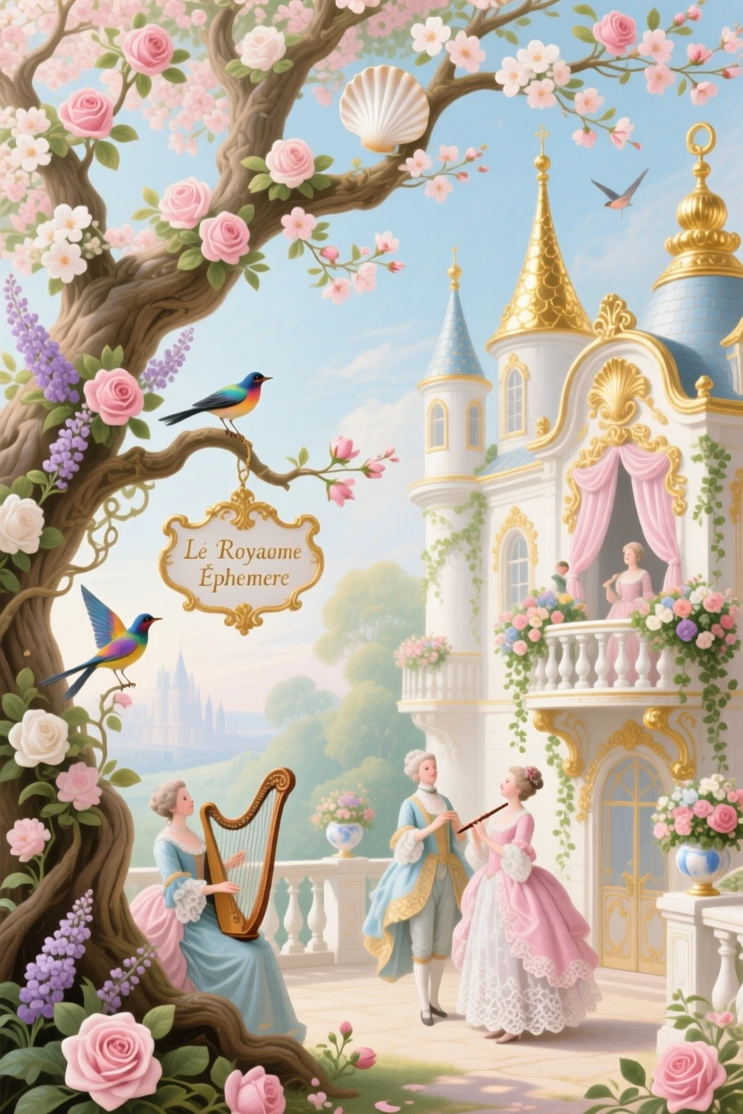 A tiny kingdom built among the branches of an ancient flowering tree  