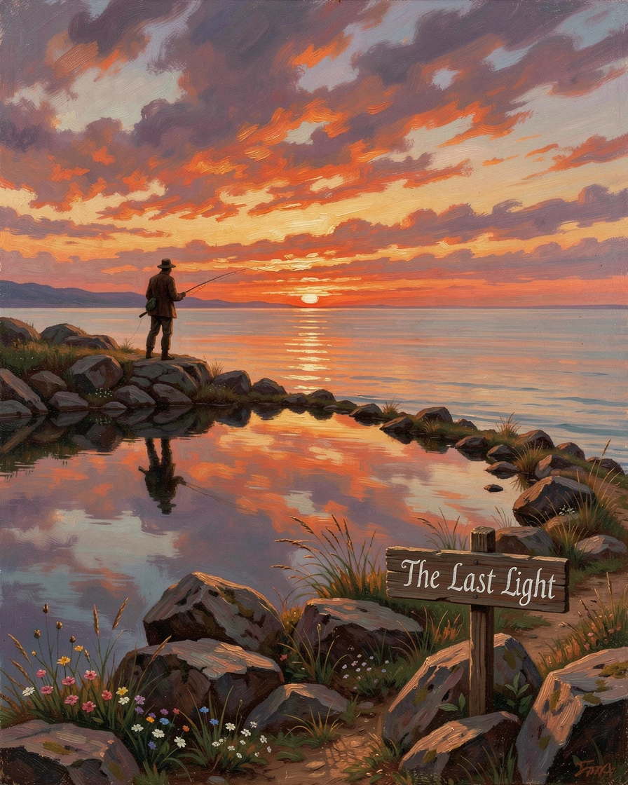 A fisherman is silhouetted against a sunset reflected in a still lake above a calm sea.