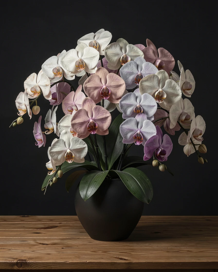 A grand bouquet of orchids arranged in a sleek modern vase, arranged with careful, deliberate elegance, designed as a sophisticated piece for upscale interior decor