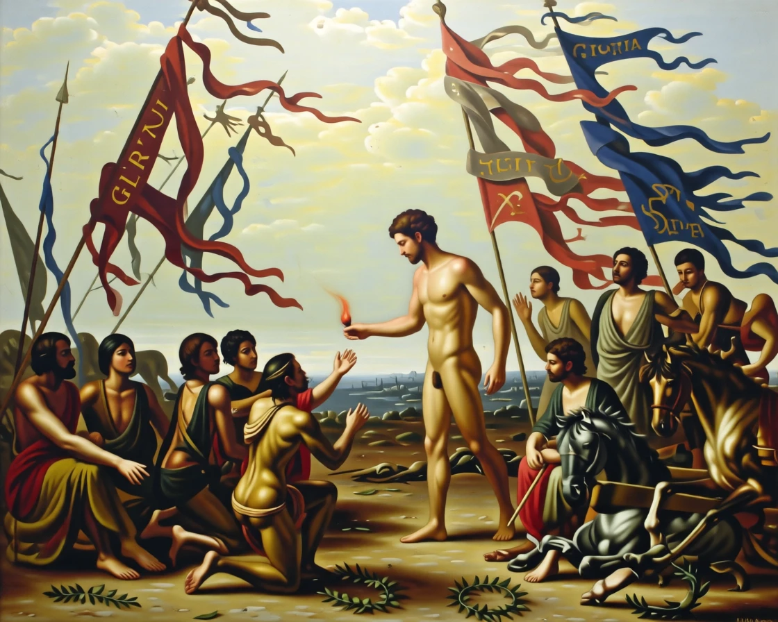 The Titan Prometheus offering fire to huddled mortals at the height of a decisive and unforgettable moment, set on a windswept battlefield strewn with fallen standards, surrounded by kneeling attendants, war horses, and scattered laurel wreaths; the horizon splits the scene between earthly struggle and divine light, charged with heroic resolve and quiet foreboding.