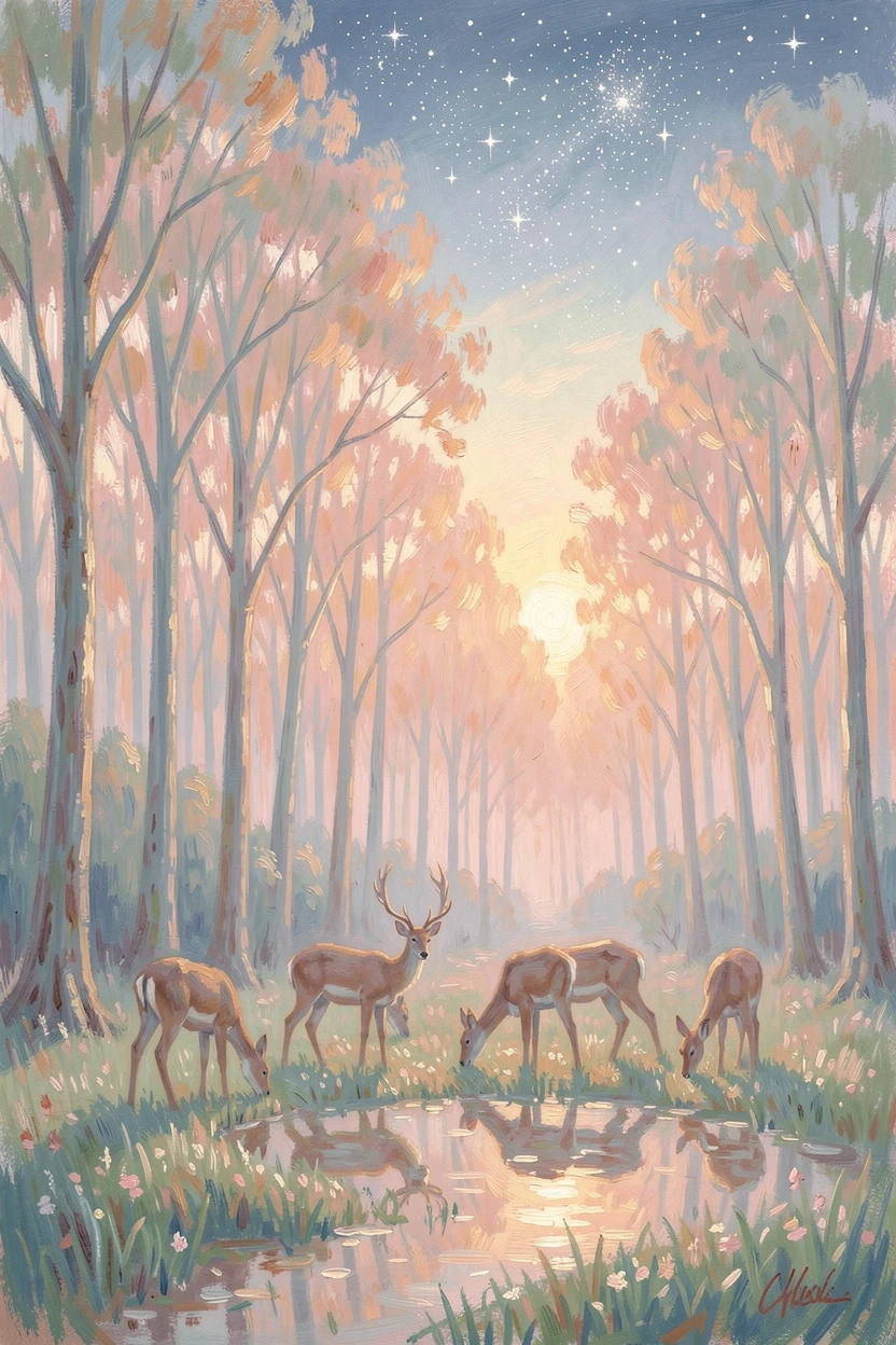 A family of deer grazing at the edge of a misty forest clearing as sunrise breaks through the trees, under a canopy of stars.