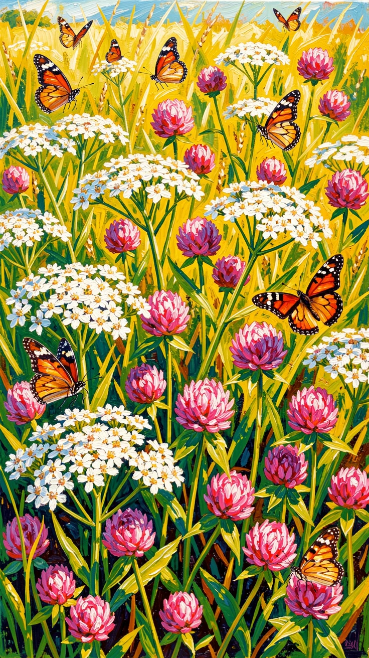 A meadow garden of wild yarrow and clover buzzing with butterflies at midday.