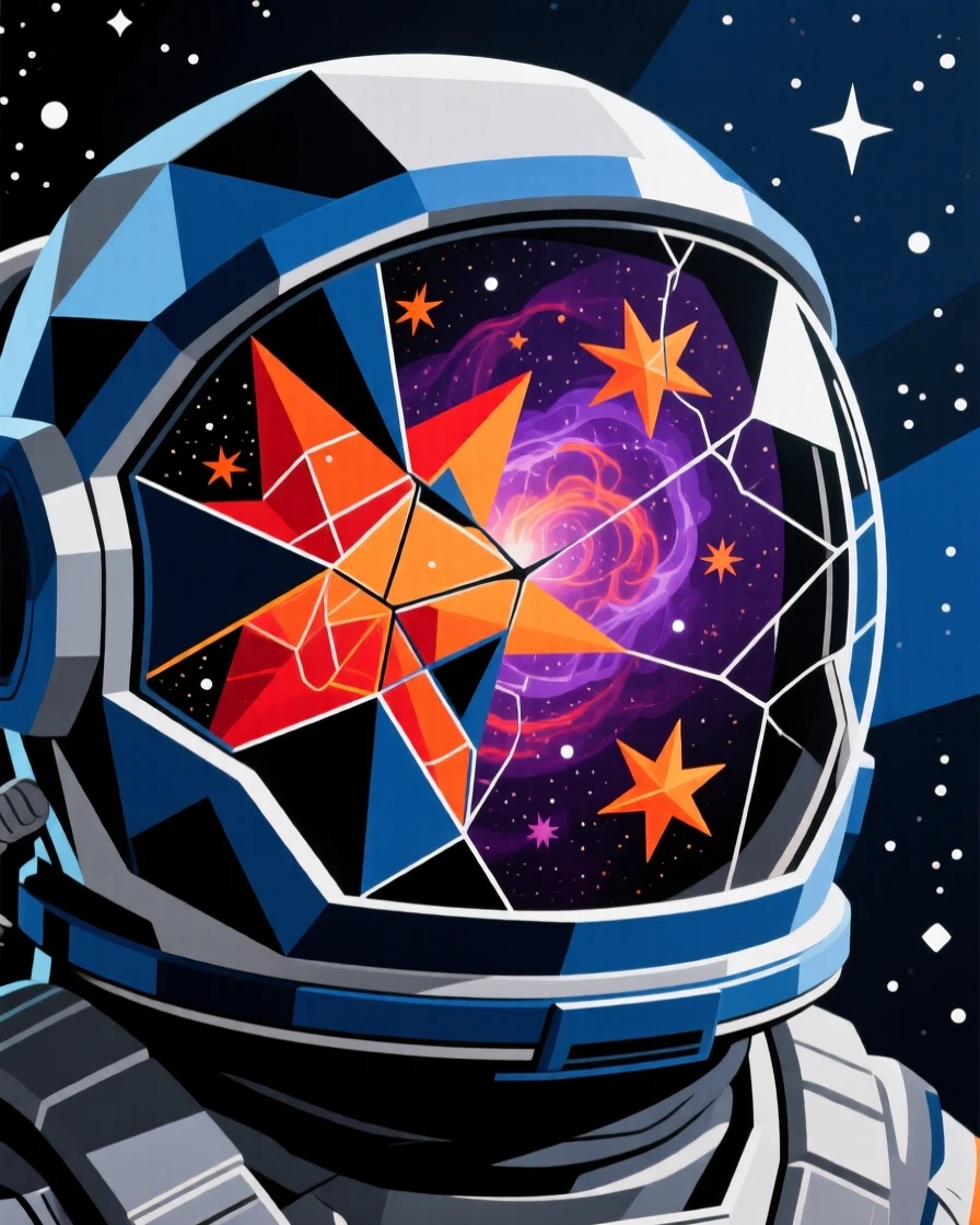 A stunning cosmic view of a glowing star nursery reflected in the visor of an astronaut's helmet.