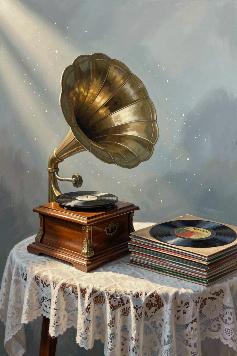 An antique gramophone sits on a lace-covered table beside a stack of vinyl records, dust motes visible in a shaft of afternoon sunlight, a faint haze softening the far horizon while nearer details remain crisp and vivid.