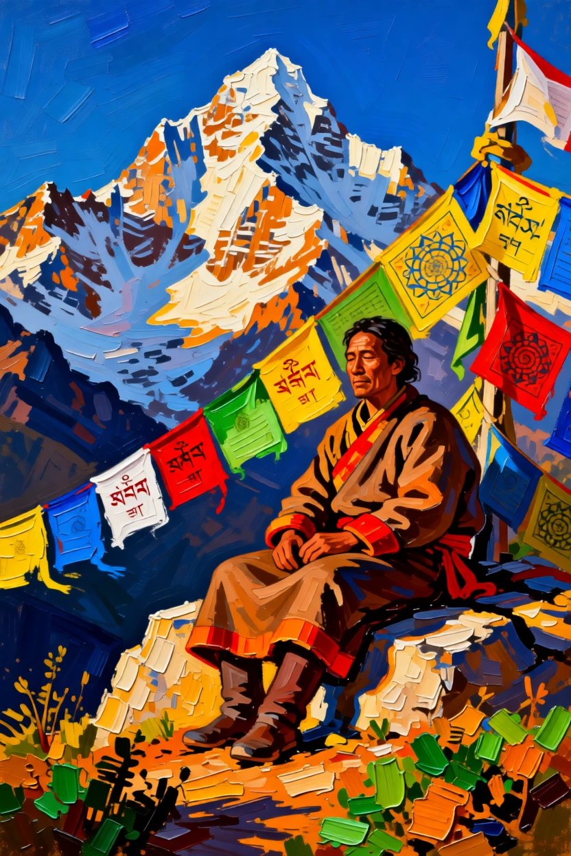 a Himalayan sherpa guide resting beside prayer flags with snow peaks behind him